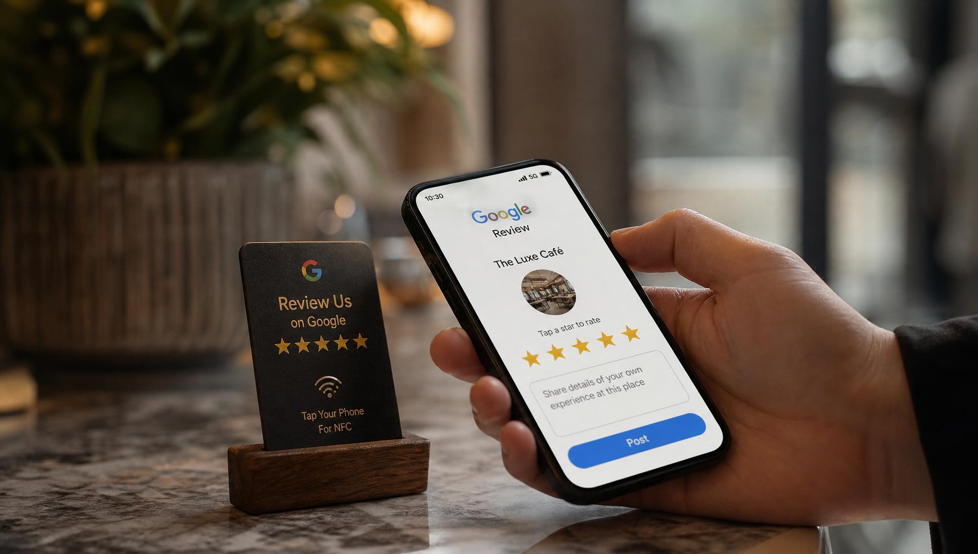 Demonstrim i një klienti që prek NFC card me telefon dhe hap faqen e Google Reviews
